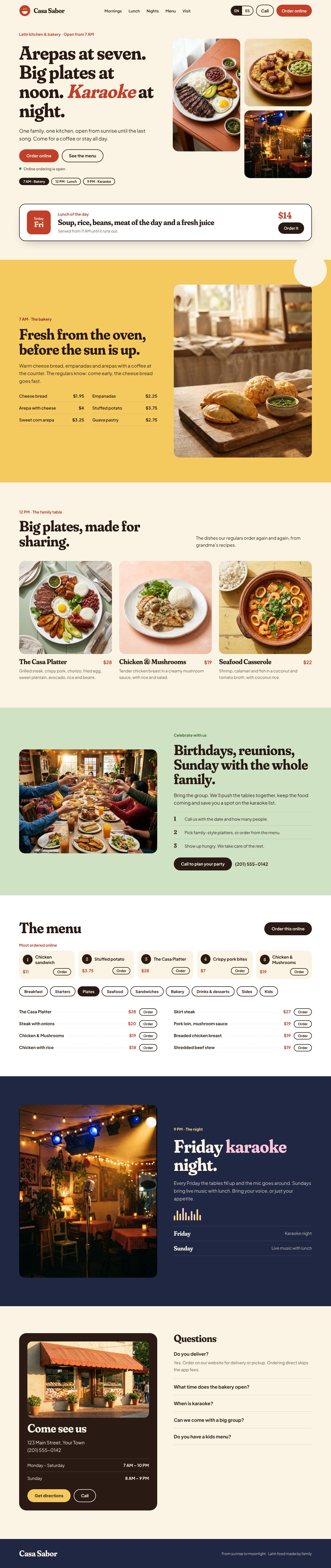 Página principal del sitio de un restaurante latino hecho por Simple Solutions GR, mostrado como Casa Sabor