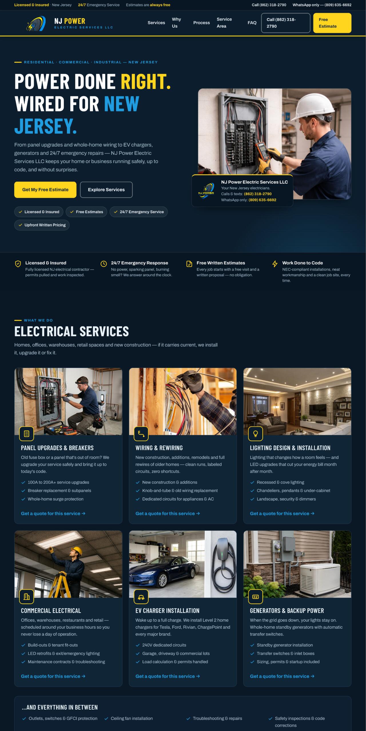 Página principal del sitio de NJ Power Electric Services, hecho por Simple Solutions GR